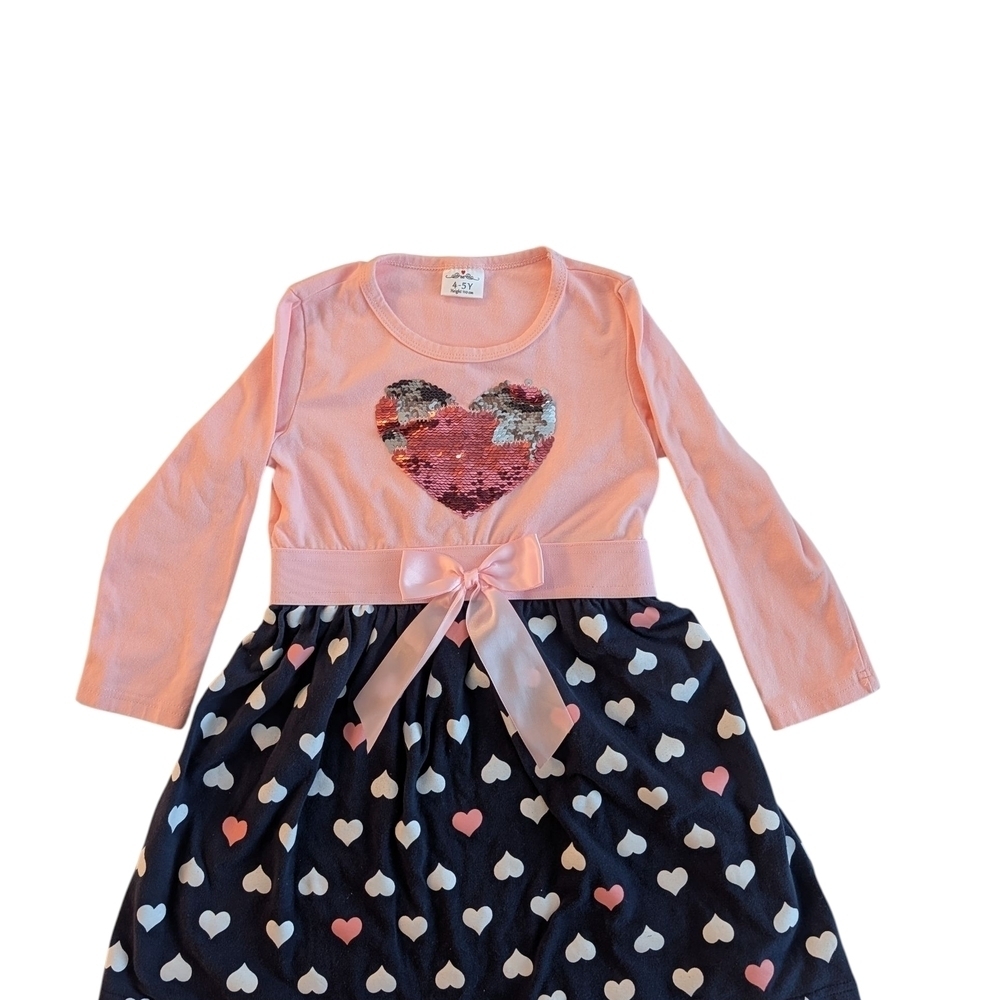 Pink and Navy Sequin Heart Girls Dress Cotton Casual Size 4-5 - Picture 3 of 8